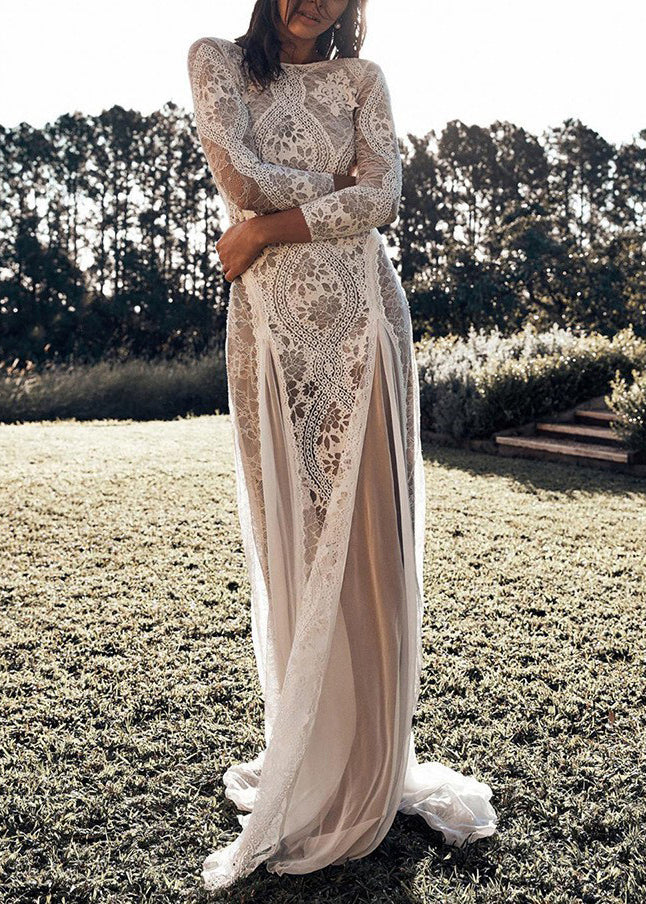 Elegant White Backless Hollow Out Lace Maxi Dresses Spring - Image 2