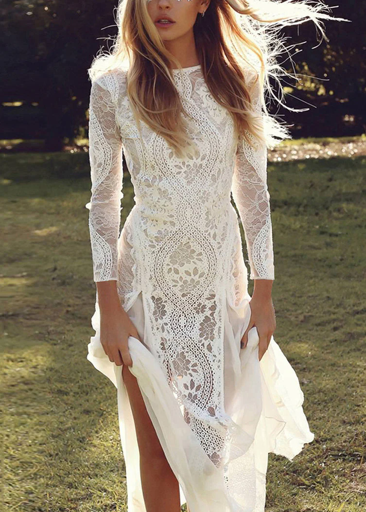 Elegant White Backless Hollow Out Lace Maxi Dresses Spring - Image 3