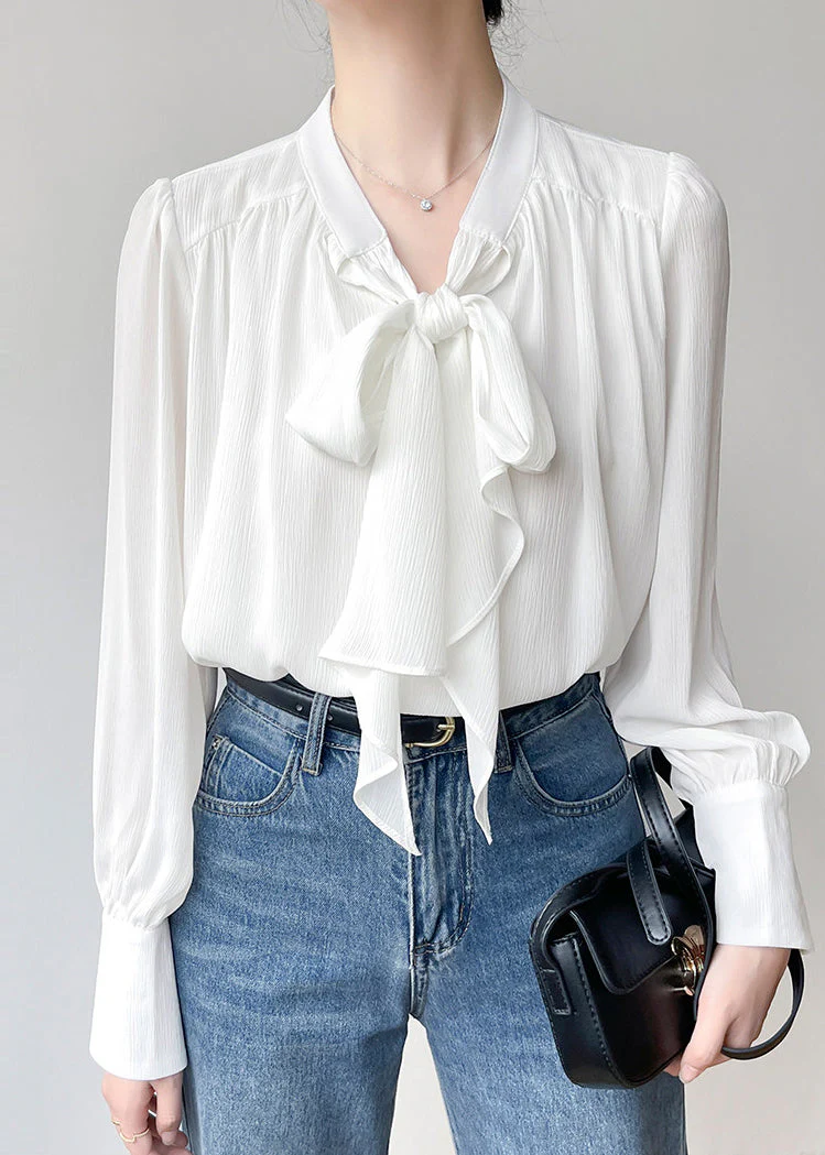 Elegant White Bow Draping Chiffon Tops Spring - Image 2
