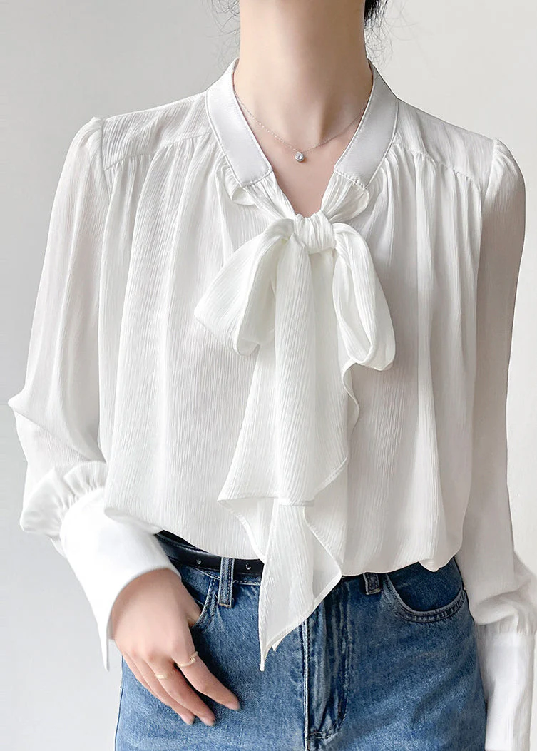 Elegant White Bow Draping Chiffon Tops Spring - Image 3