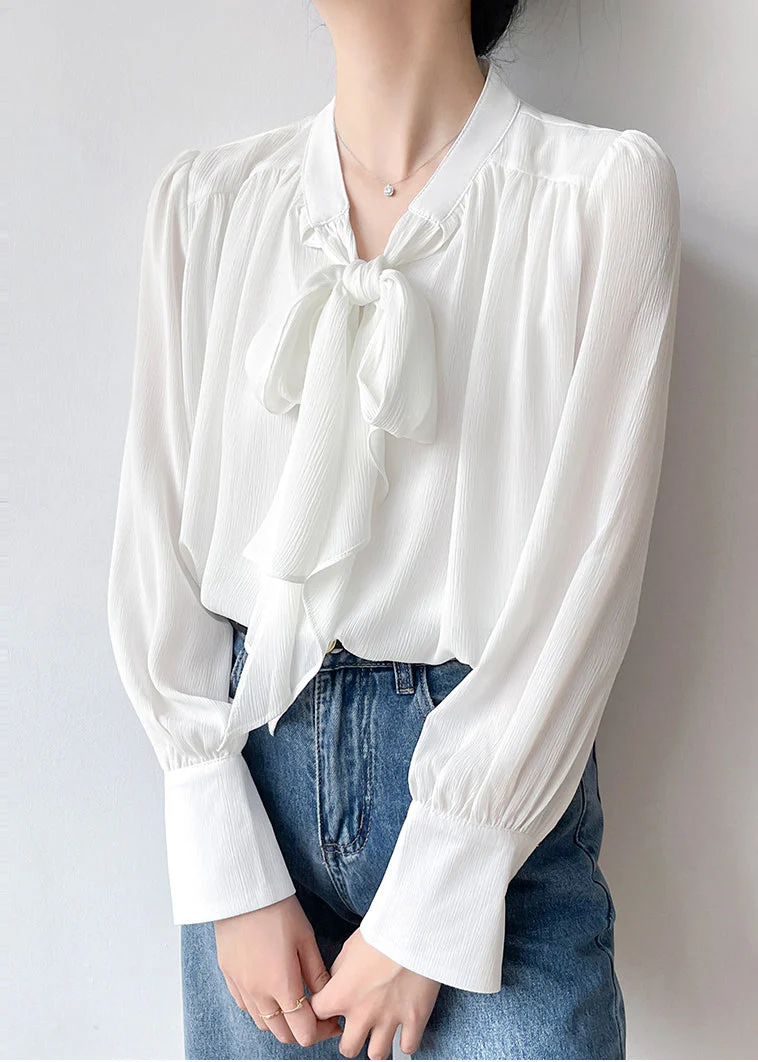 Elegant White Bow Draping Chiffon Tops Spring - Image 4