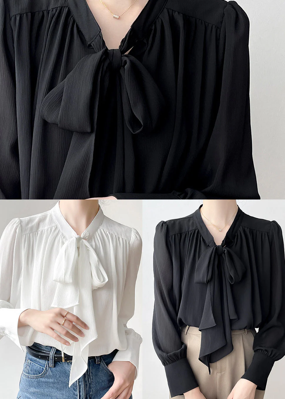 Elegant White Bow Draping Chiffon Tops Spring - Image 5