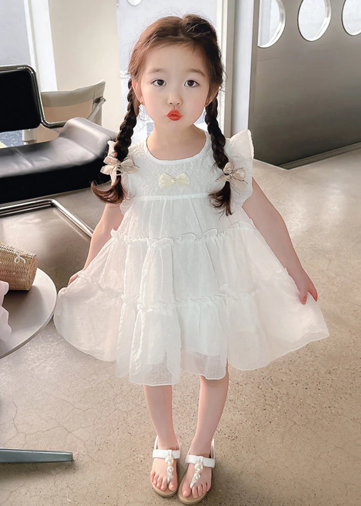 Elegant White Bow Tulle Kids A Line Mid Dresses Summer - Image 2