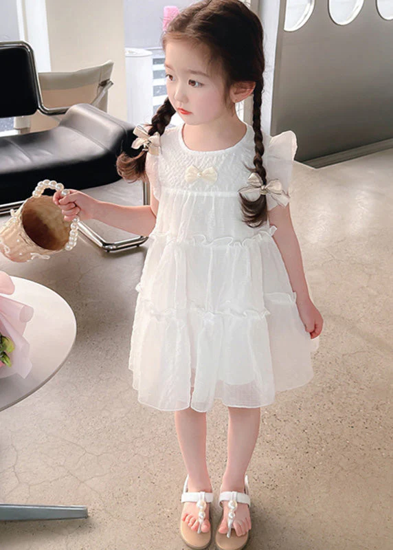 Elegant White Bow Tulle Kids A Line Mid Dresses Summer - Image 4