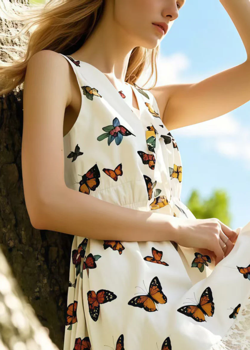 Elegant White Butterfly Cotton Tea Dress Sleeveless - Image 2