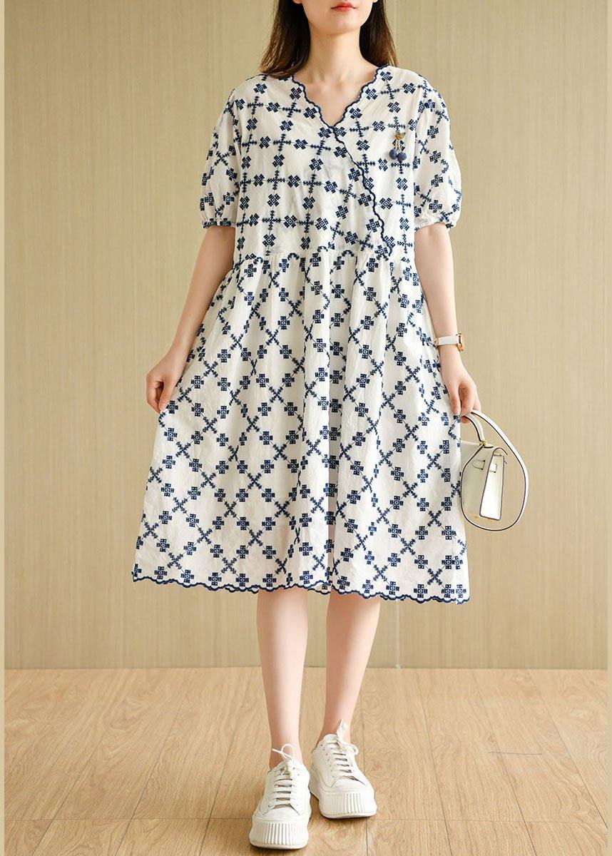 Elegant White Casual V Neck Embroideried Summer Cotton Mid Dress Short Sleeve