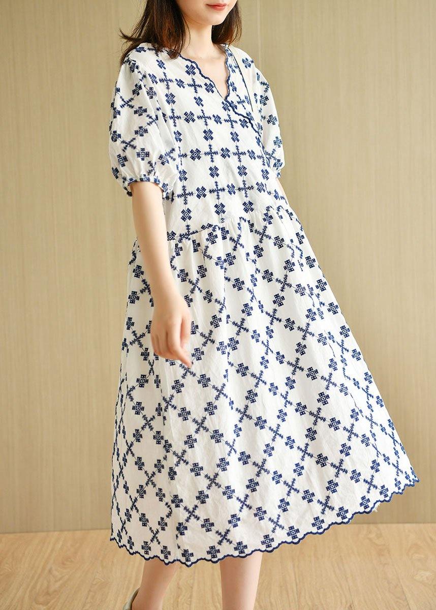 Elegant White Casual V Neck Embroideried Summer Cotton Mid Dress Short Sleeve - Image 2