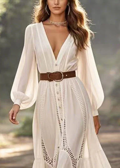 Elegant White Cinched Hollow Out Party Dress Spring - Image 2