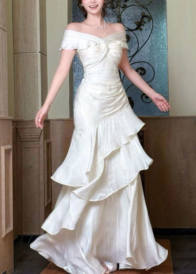 Elegant White Cold Shoulder Asymmetrical Ruffled Long Dress Summer - Image 3