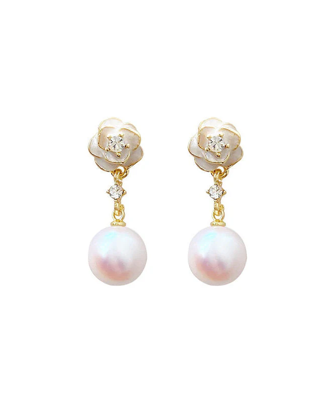 Elegant White Copper Alloy Pearl Camellia Drop Earrings - Image 5