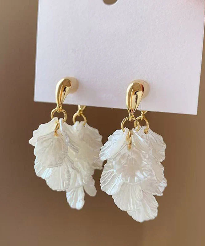 Elegant White Copper Alloy Petal Tassel Hoop Earring - Image 3