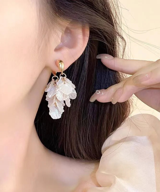 Elegant White Copper Alloy Petal Tassel Hoop Earring - Image 4