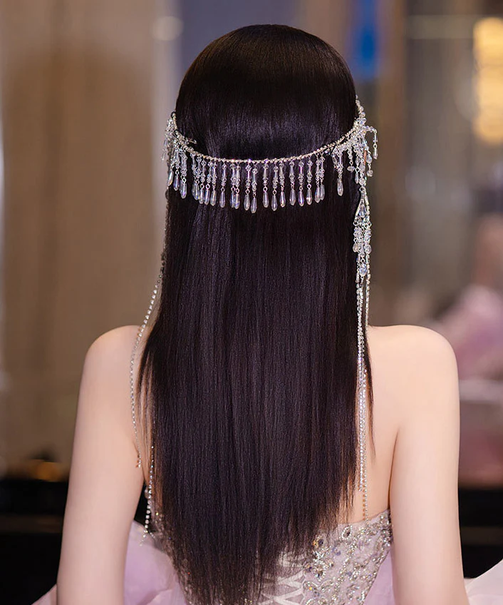 Elegant White Crystal Zircon Water Droplet Tassel HairPiece - Image 5