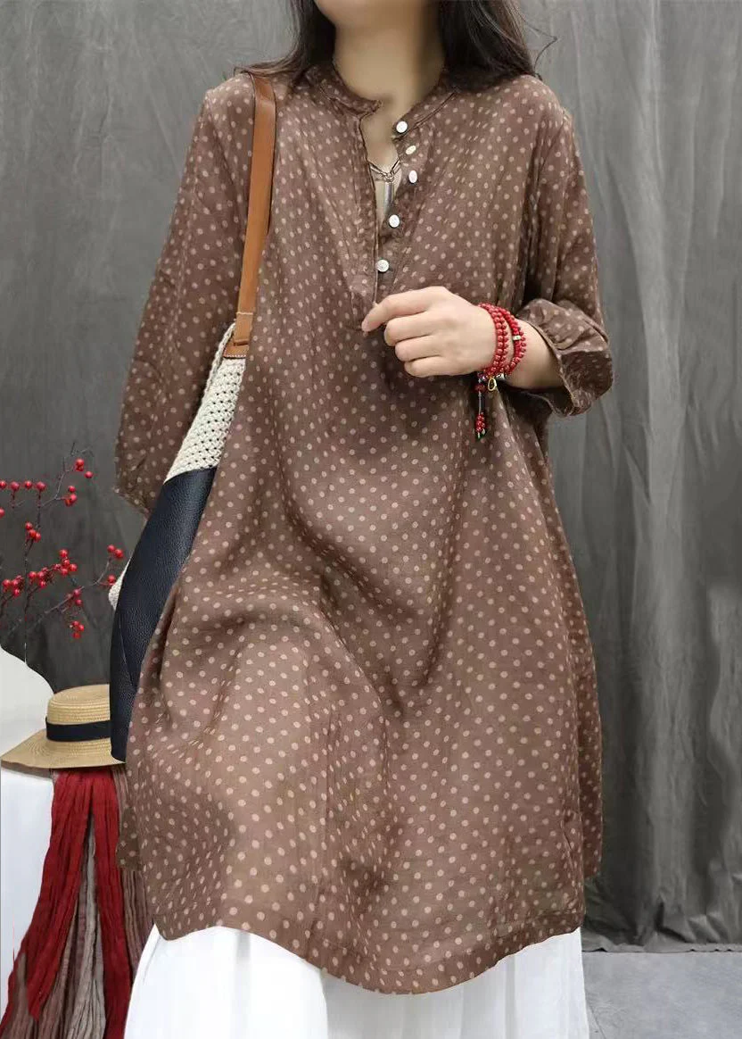 Elegant White Dot Button Pockets Cotton Shirts Dress Fall - Image 4