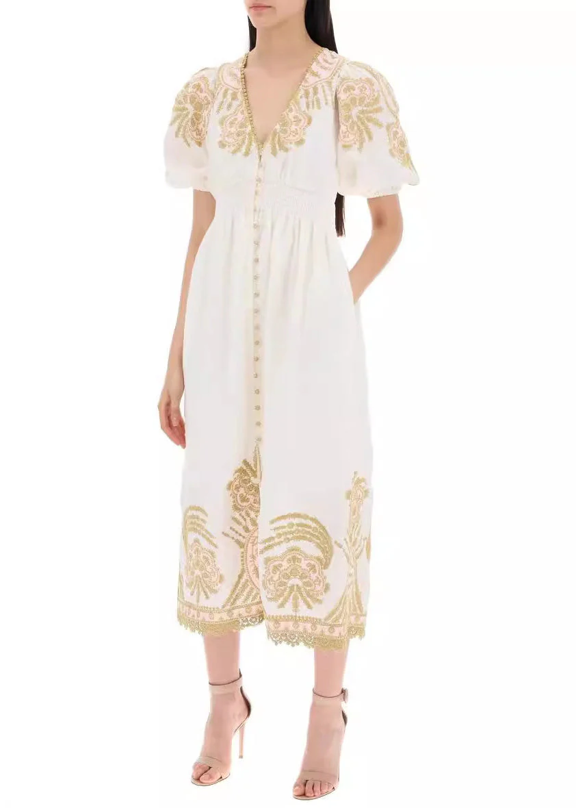 Elegant White Embroidered Button Cotton Long Dresses Summer - Image 2