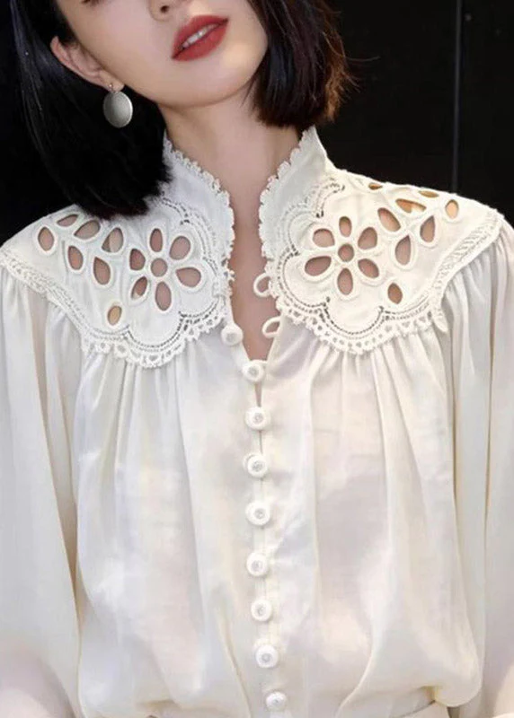 Elegant White Embroidered Hollow Out Lantern Shirt Spring - Image 2