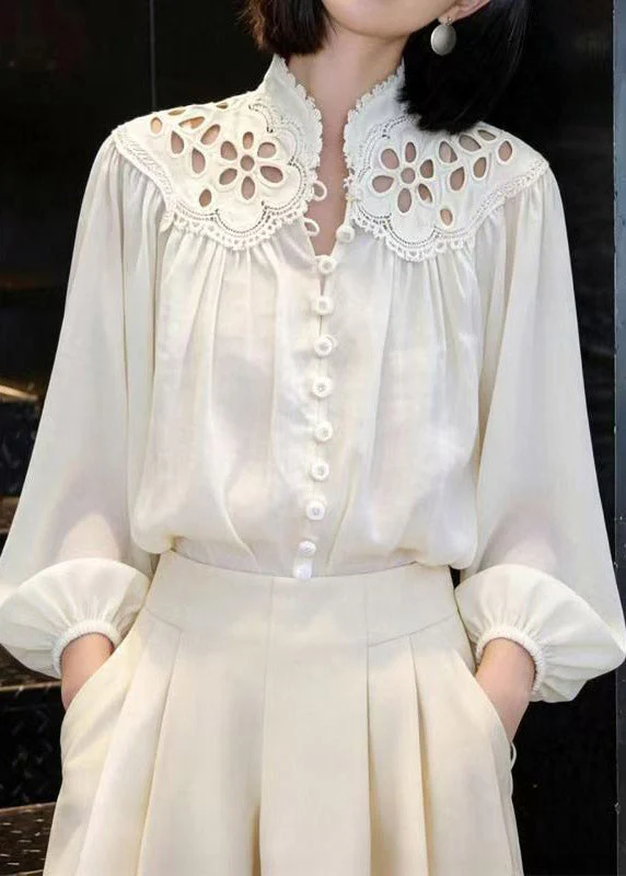 Elegant White Embroidered Hollow Out Lantern Shirt Spring - Image 3