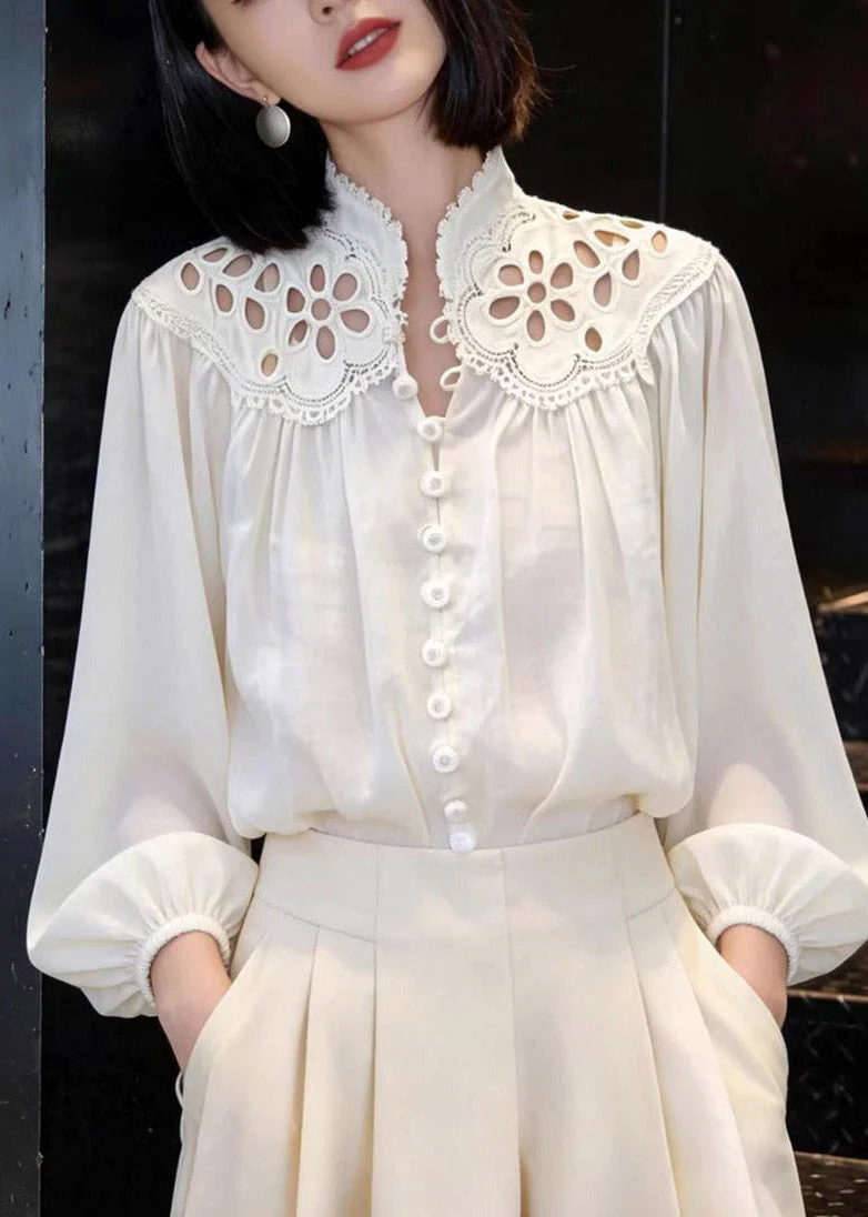 Elegant White Embroidered Hollow Out Lantern Shirt Spring - Image 4