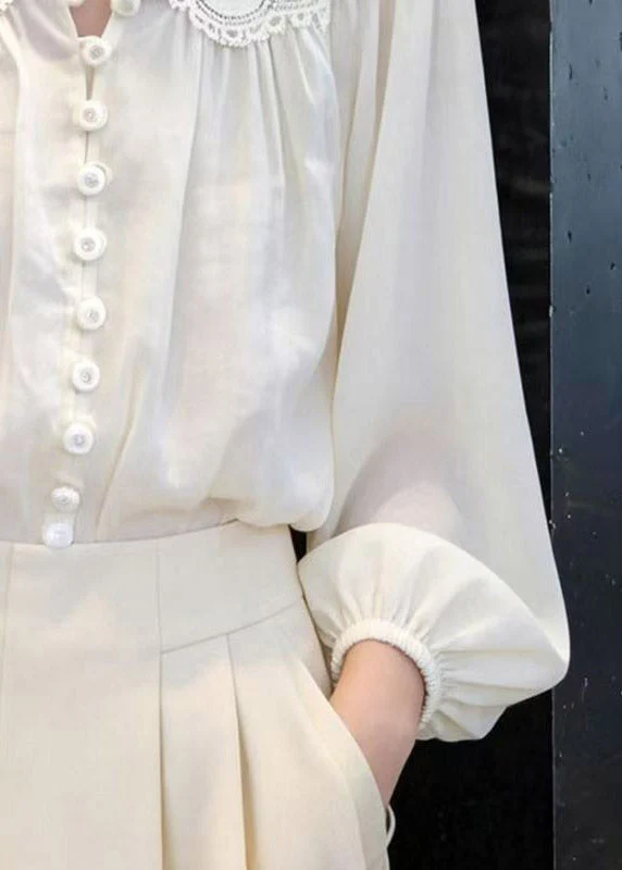 Elegant White Embroidered Hollow Out Lantern Shirt Spring - Image 5