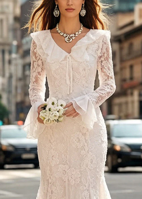 Elegant White Embroidered Lace Up Fish Tail Dress Flare Sleeve - Image 2