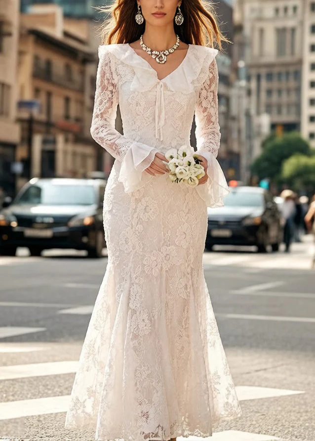 Elegant White Embroidered Lace Up Fish Tail Dress Flare Sleeve - Image 3