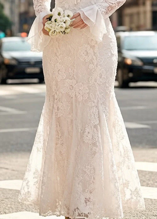 Elegant White Embroidered Lace Up Fish Tail Dress Flare Sleeve - Image 4