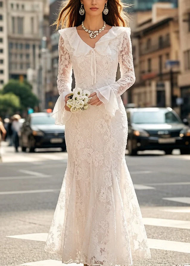 Elegant White Embroidered Lace Up Fish Tail Dress Flare Sleeve - Image 5