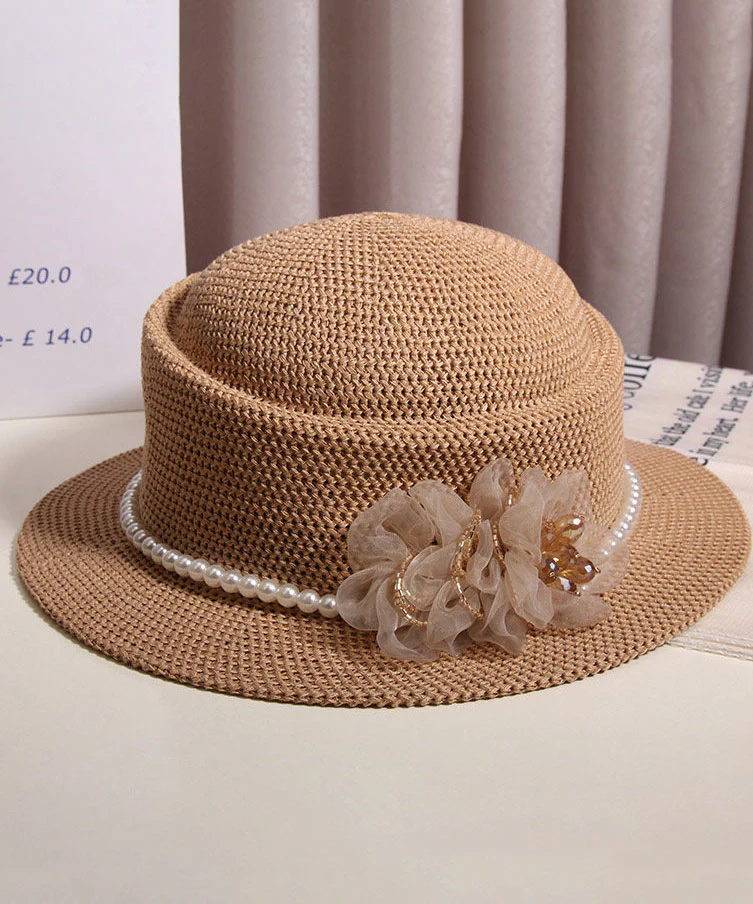 Elegant White Floral Nail Bead Straw Woven Bucket Hat - Image 5