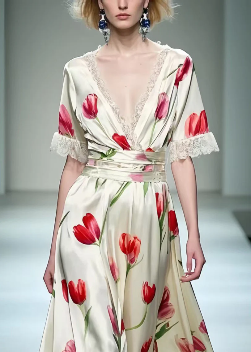Elegant White Floral Print Patchwork Lace Long Dress Summer - Image 2