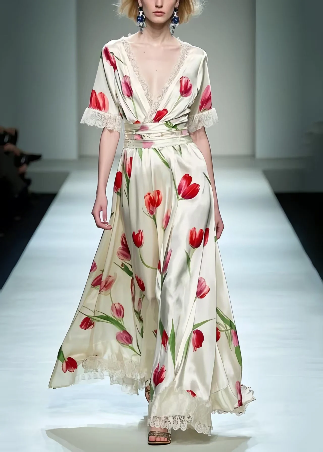 Elegant White Floral Print Patchwork Lace Long Dress Summer - Image 3