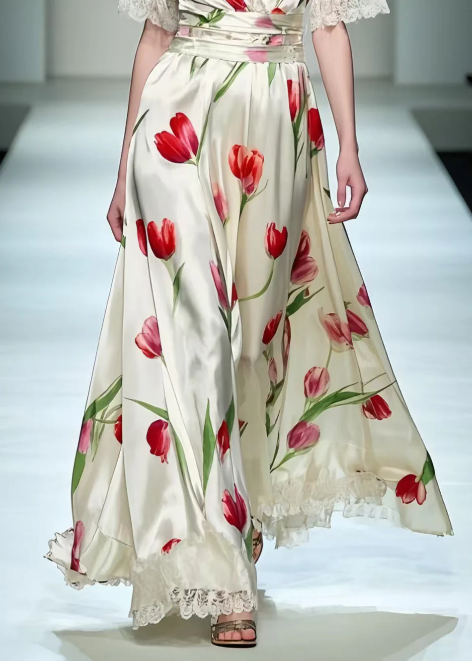 Elegant White Floral Print Patchwork Lace Long Dress Summer - Image 4