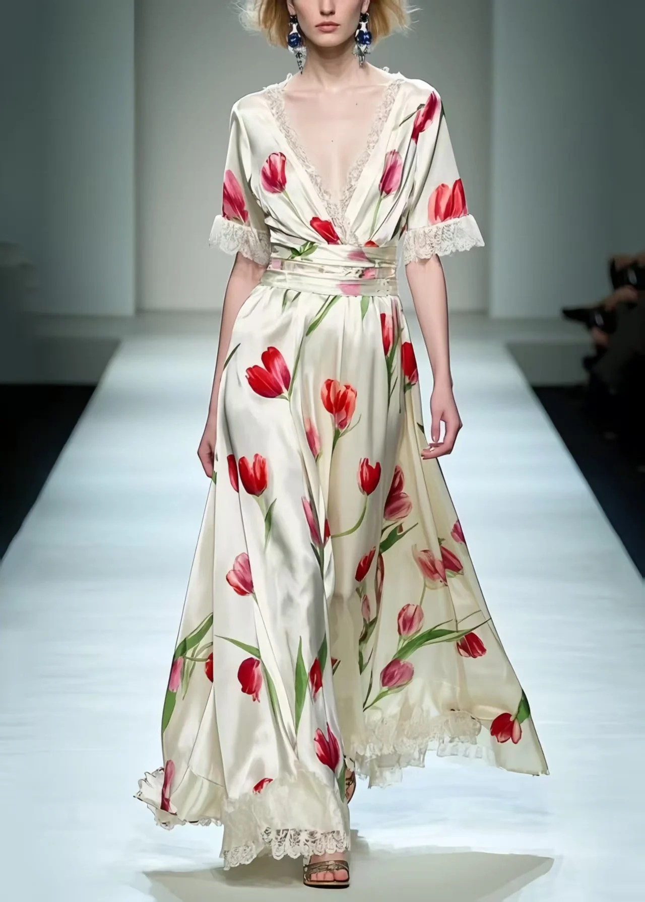 Elegant White Floral Print Patchwork Lace Long Dress Summer - Image 5