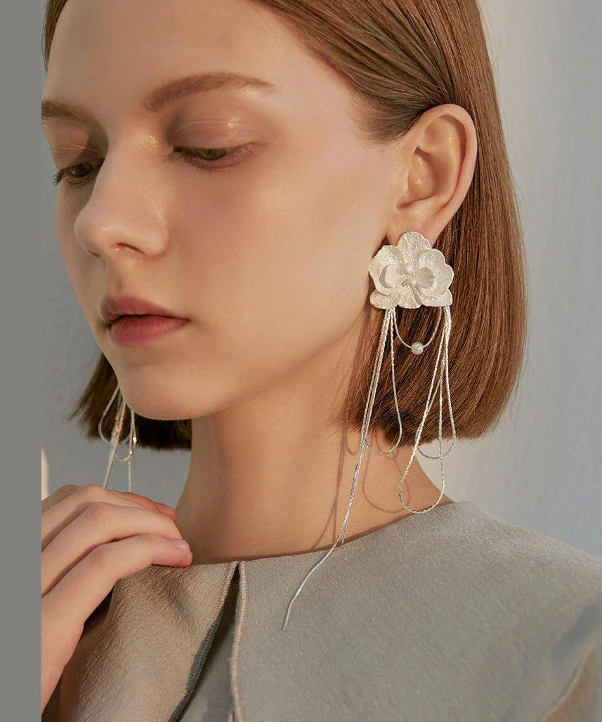 Elegant White Flower Tasseled Metal Drop Earrings - Image 5