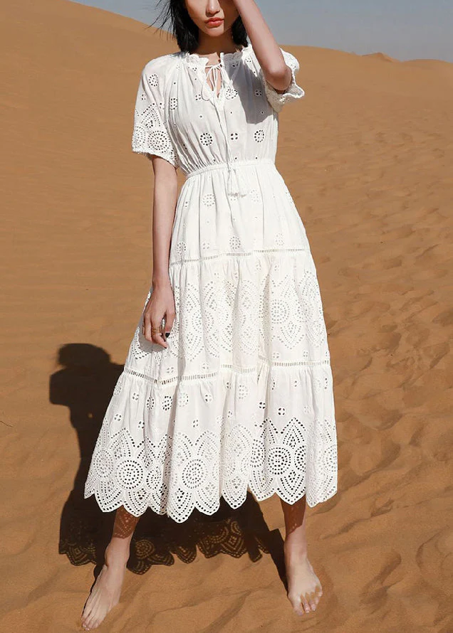 Elegant White Hollow Out Lace Up Cotton Long Dress Summer - Image 2