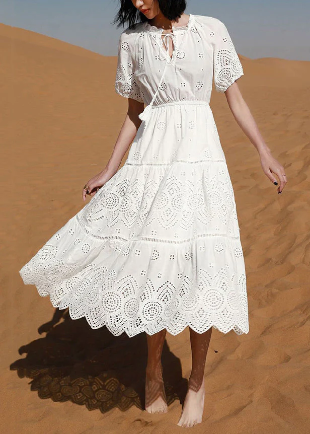 Elegant White Hollow Out Lace Up Cotton Long Dress Summer - Image 3