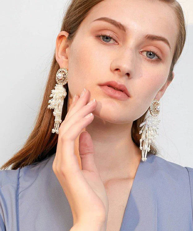 Elegant White Hollow Out Pearl Tassels Exaggeration Alloy Drop Earrings - Image 2