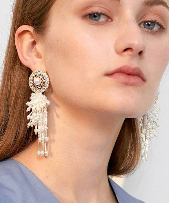 Elegant White Hollow Out Pearl Tassels Exaggeration Alloy Drop Earrings - Image 3