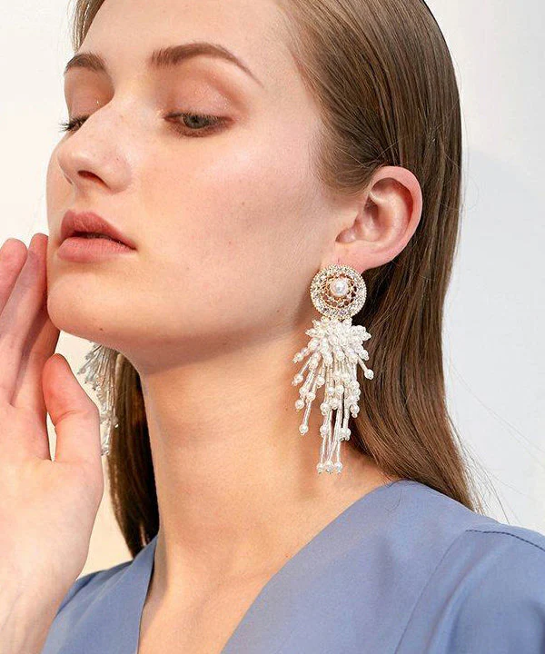 Elegant White Hollow Out Pearl Tassels Exaggeration Alloy Drop Earrings - Image 4