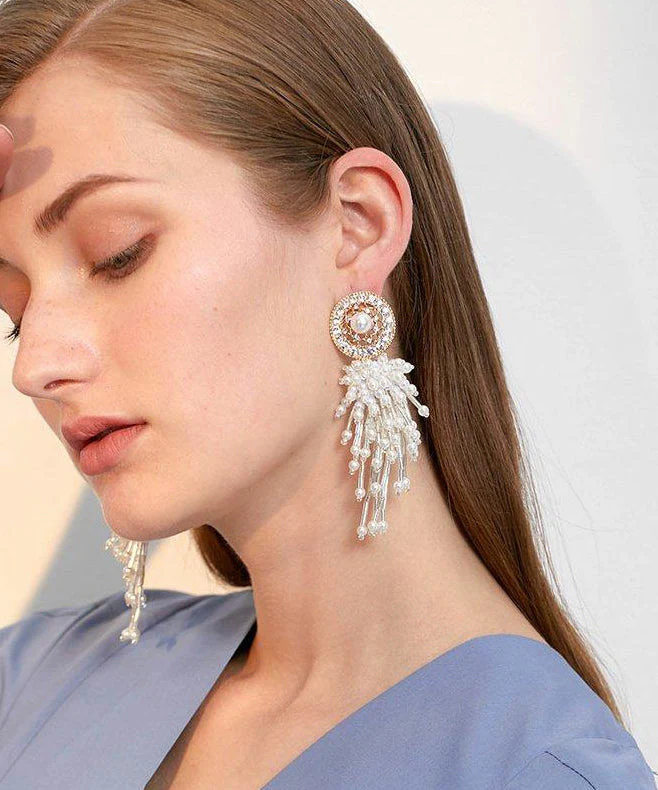 Elegant White Hollow Out Pearl Tassels Exaggeration Alloy Drop Earrings - Image 5