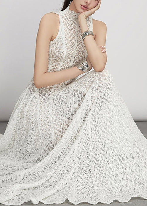 Elegant White Hollow Out Solid Lace Maxi Dress Sleeveless - Image 4