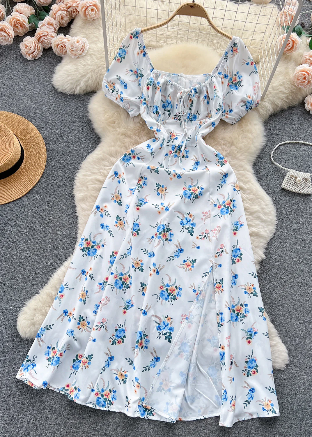 Elegant White Lace Up High Waist Cotton Dresses Short Sleeve - Image 2