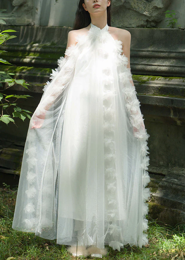 Elegant White Lace Up Solid Tulle Maxi Dresses Summer - Image 2