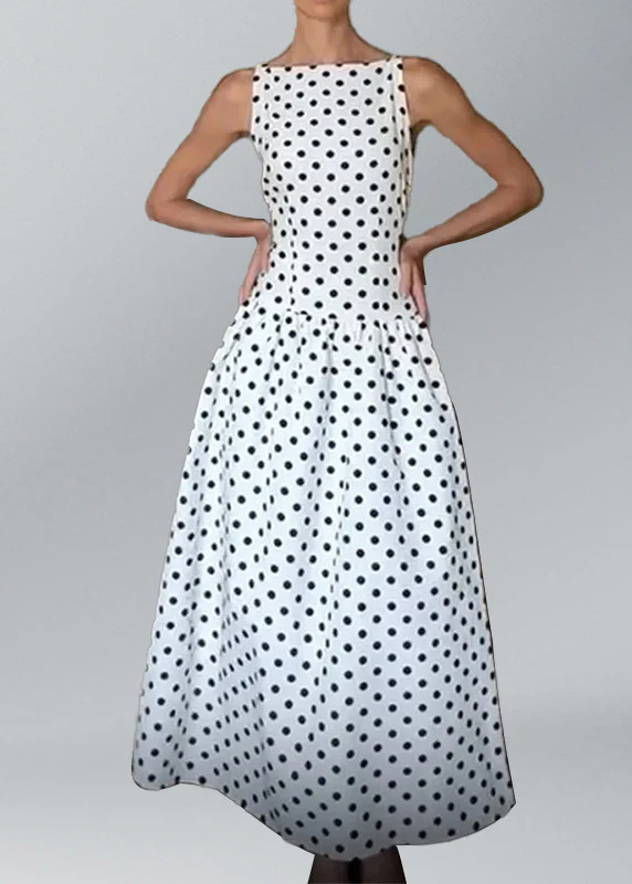 Elegant White O Neck Dot Print Cotton Long Dresses Sleeveless - Image 2