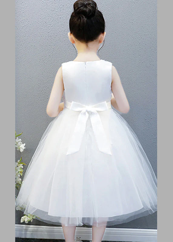 Elegant White O-Neck Floral Bow Tulle Kids Long Gowns Dress Sleeveless - Image 5