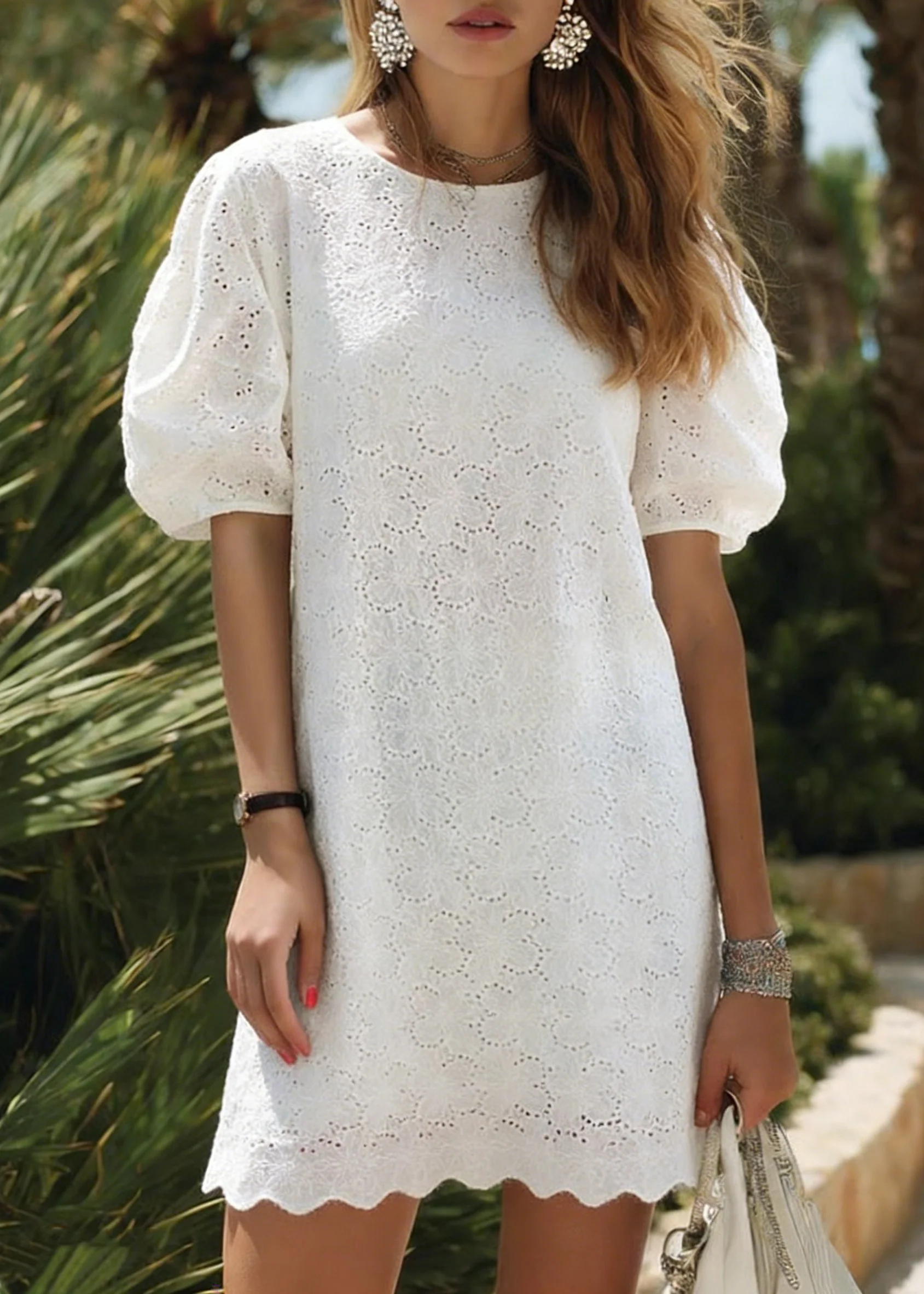 Elegant White O Neck Hollow Out Cotton Dress Puff Sleeve - Image 3