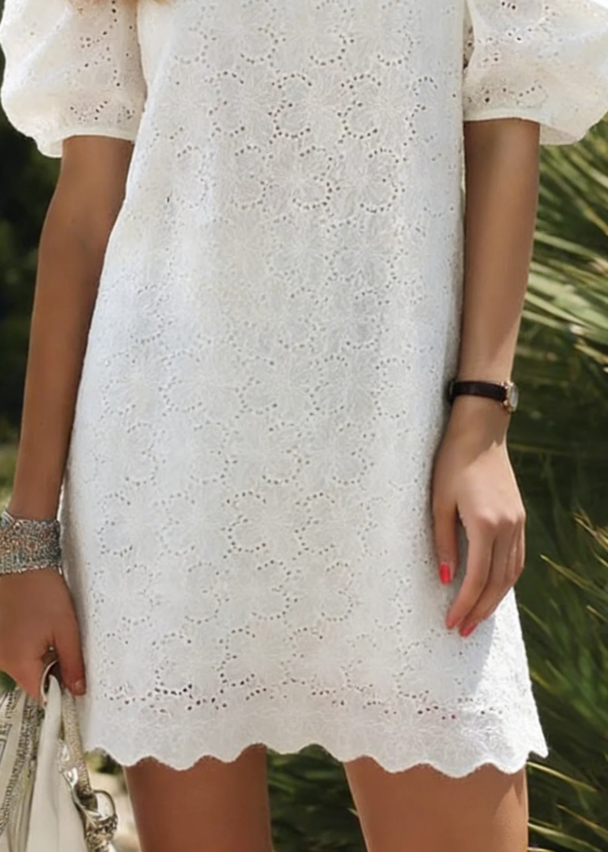 Elegant White O Neck Hollow Out Cotton Dress Puff Sleeve - Image 4