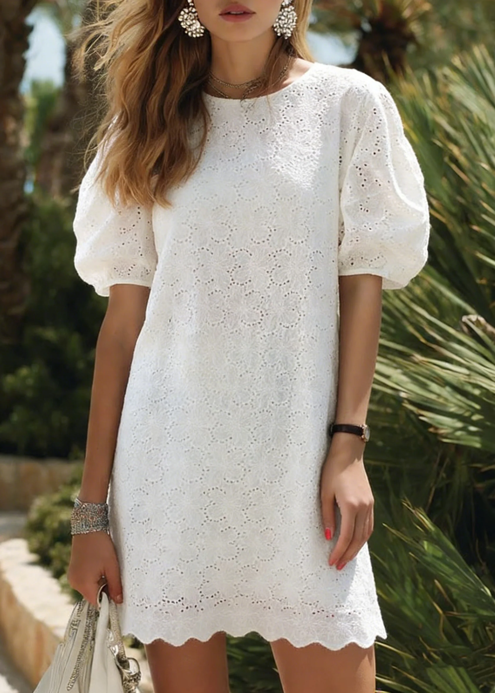 Elegant White O Neck Hollow Out Cotton Dress Puff Sleeve - Image 5