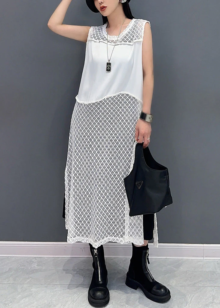 Elegant White O Neck Hollow Out Knit Dress Sleeveless - Image 2