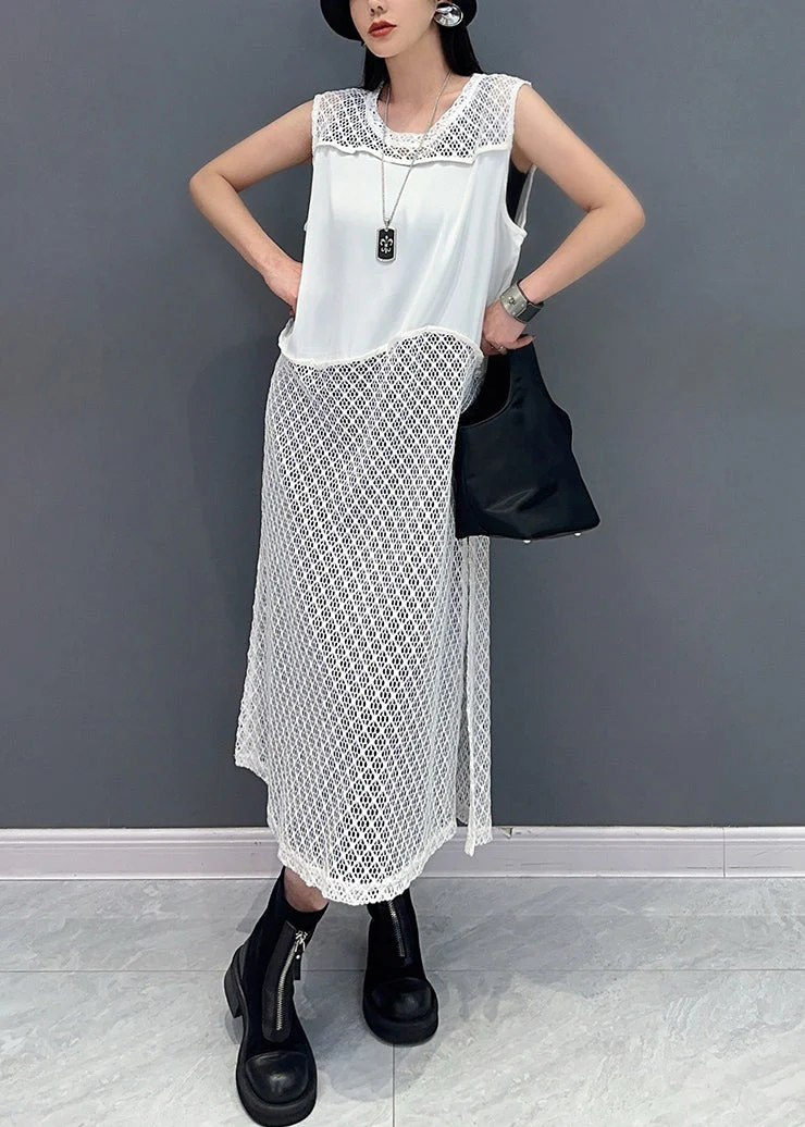 Elegant White O Neck Hollow Out Knit Dress Sleeveless - Image 3