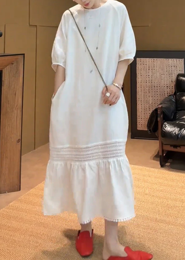 Elegant White O Neck Pockets Solid Cotton Long Dress Summer - Image 3
